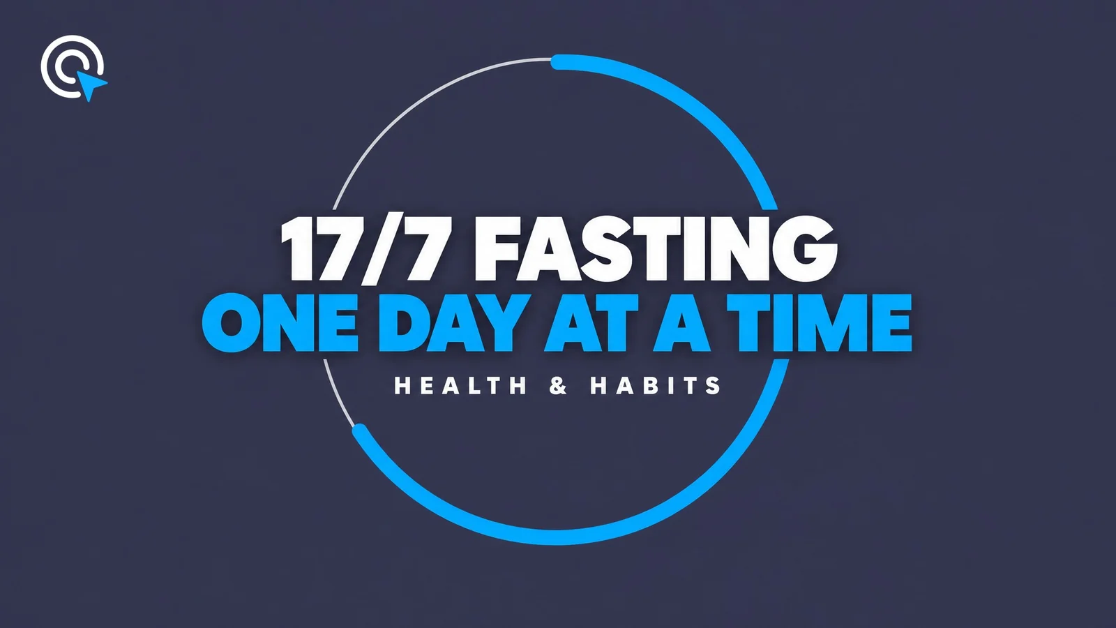 Slate title card reading "17/7 fasting, one day at a time" inside a clock ring, labeled Health & habits.