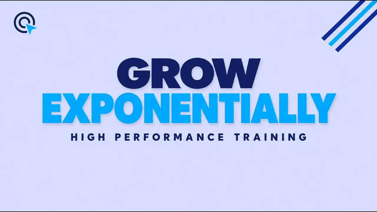 Pale lavender title card reading "Grow exponentially" in navy and bright blue, with three diagonal blue stripes in the top right corner, labeled High Performance Training.