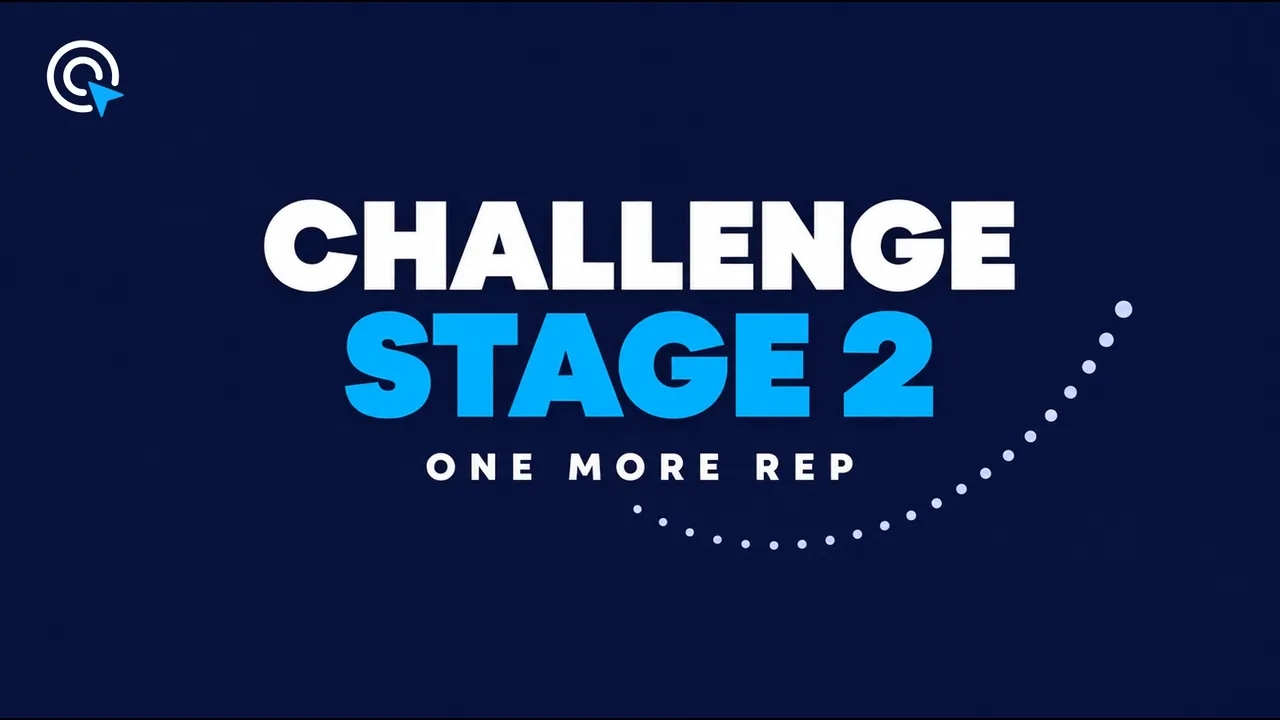 Dark navy title card reading "Challenge Stage 2" in white and bright blue, with a dotted arc curving up to the right, labeled One More Rep.