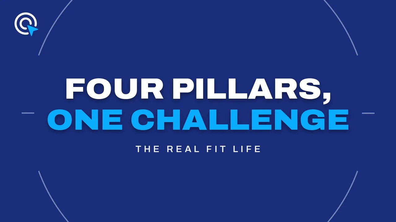Royal blue title card reading "Four Pillars, One Challenge" in white and bright blue type, framed by thin circular arcs, labeled The REAL FIT Life.