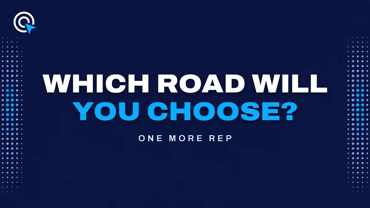 Deep navy title card reading "Which road will you choose?" between bands of halftone dots, labeled One More Rep.